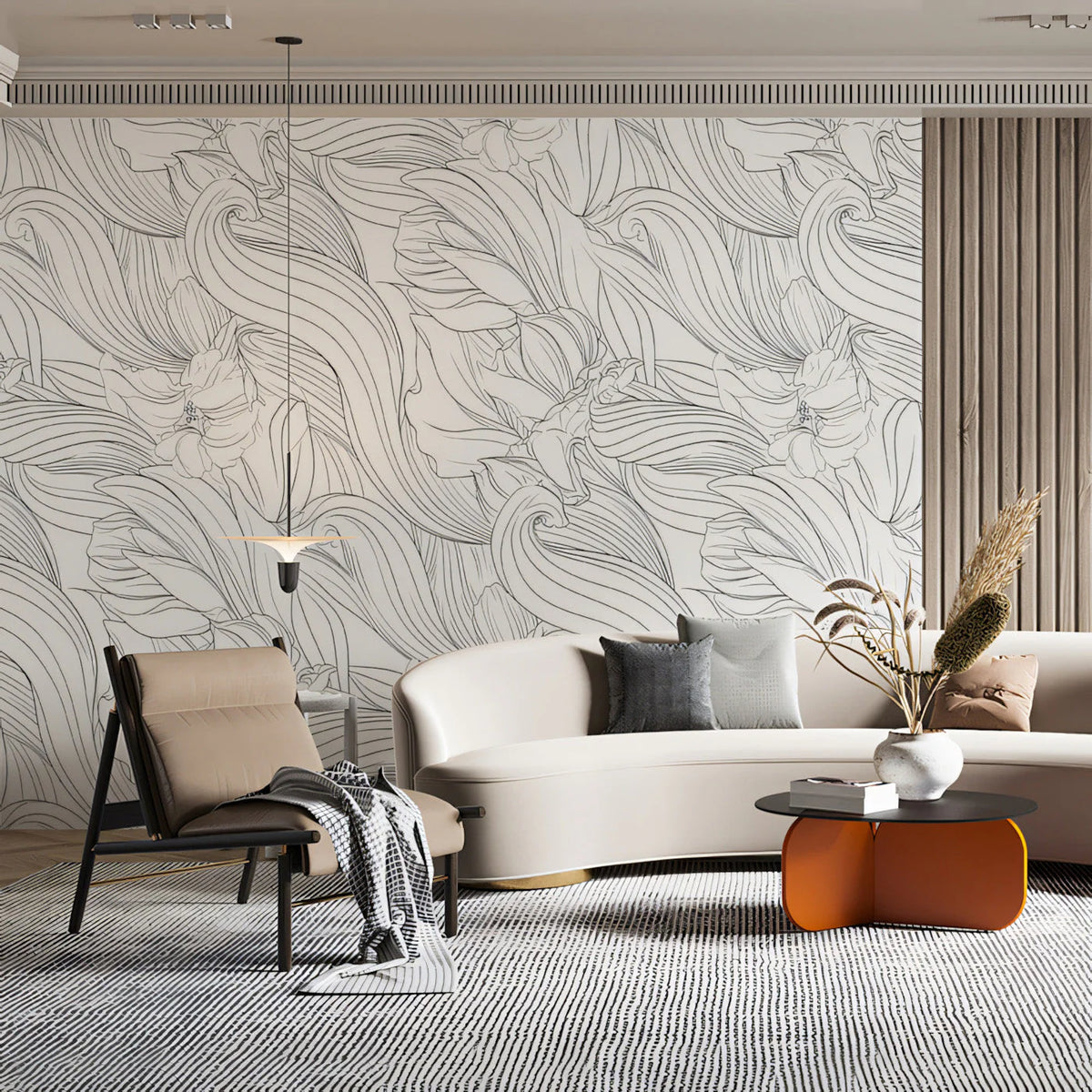 Fluid Botanical Line Art Mural Wallpaper — Minimalist Floral Mural Wallpaper - pure wallpaper artwork