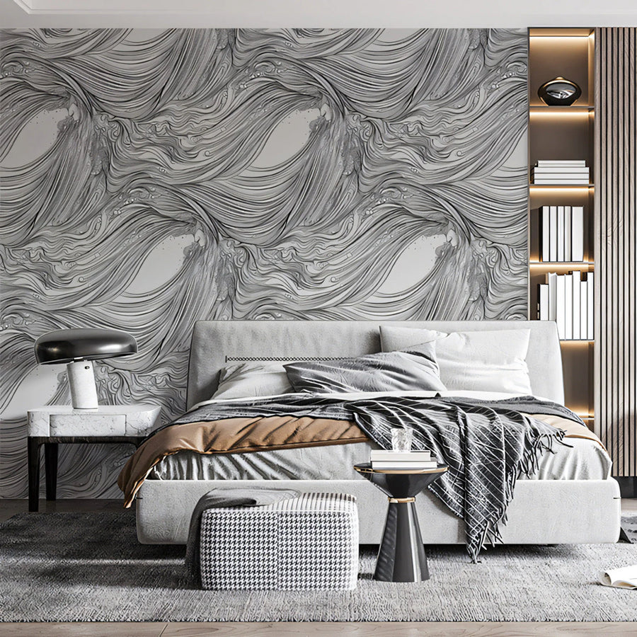 Fluid Wave Line Art Mural Wallpaper — Monochrome Abstract Design Mural Wallpaper