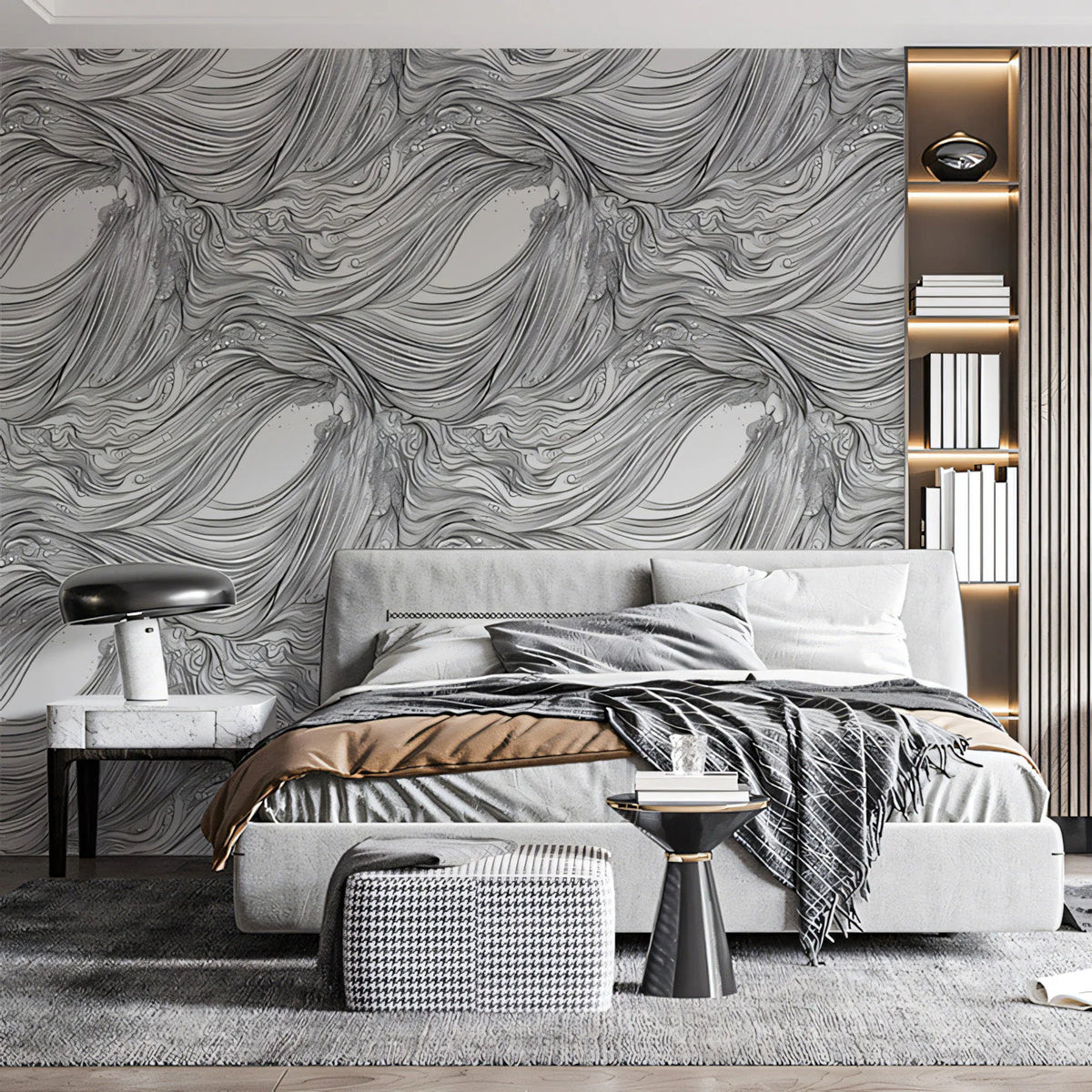 Fluid Wave Line Art Mural Wallpaper — Monochrome Abstract Design Mural Wallpaper - pure wallpaper artwork