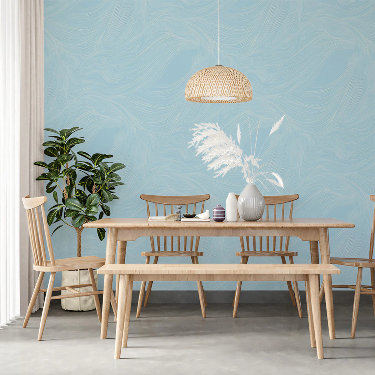 Fluid Wave Line Art Mural Wallpaper — Soft Blue Abstract Mural Wallpaper - pure wallpaper artwork