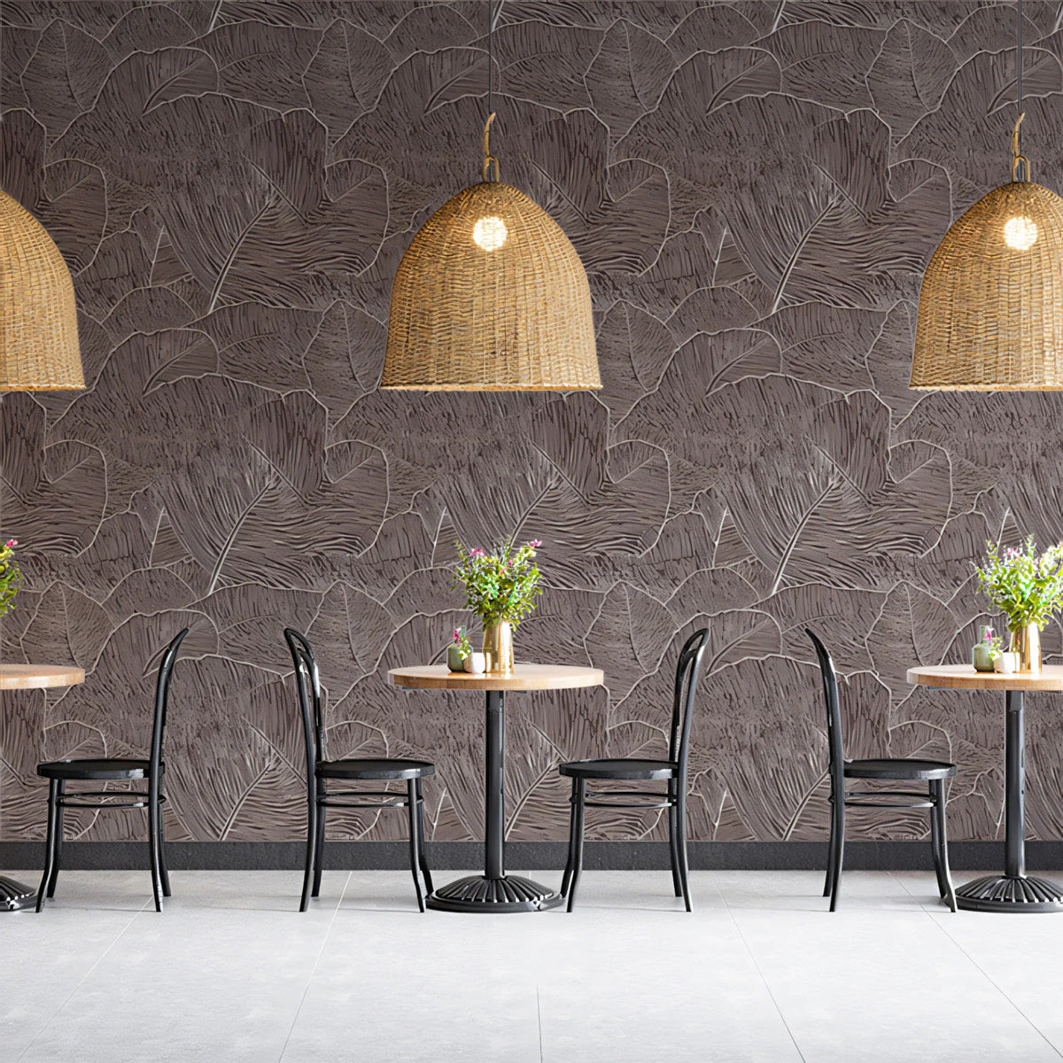 Etched Botanical Leaf Mural Wallpaper in Dusky Earth Brown Mural Wallpaper - pure wallpaper artwork
