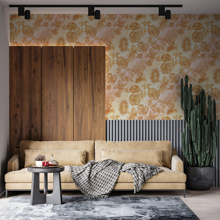 Golden Botanical Sketch Mural Wallpaper — Warm Tropics Design Mural Wallpaper