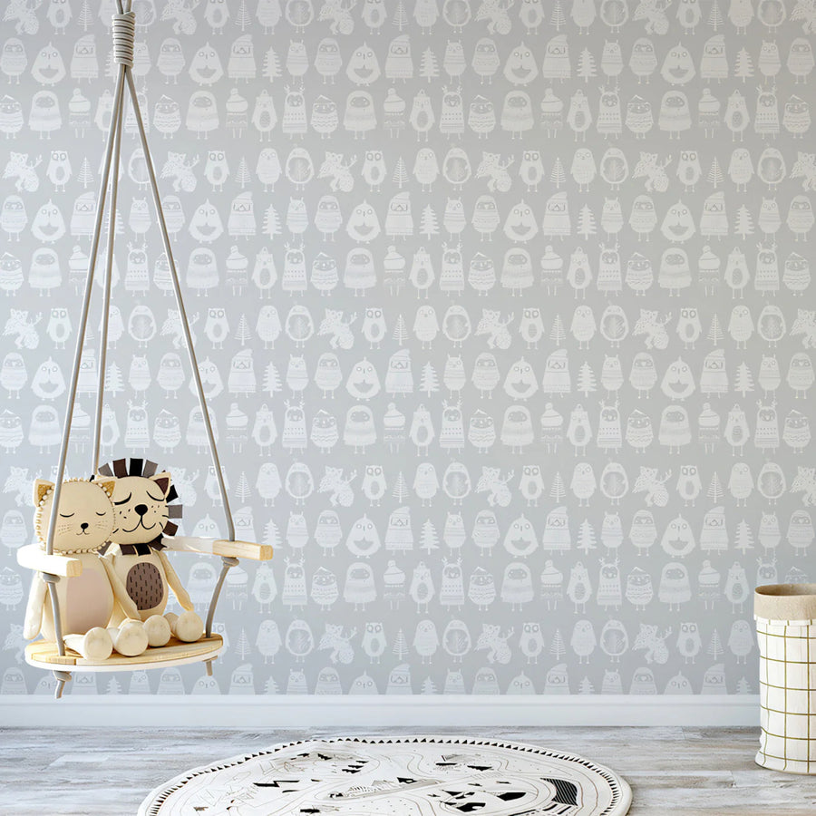 Woodland Owls and Deer Mural Wallpaper — Minimalist Sketch Design Mural Wallpaper