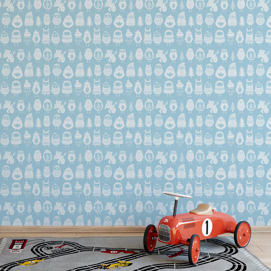 Nordic Woodland Animal Mural Wallpaper —Whimsical Soft Blue Mural Wallpaper