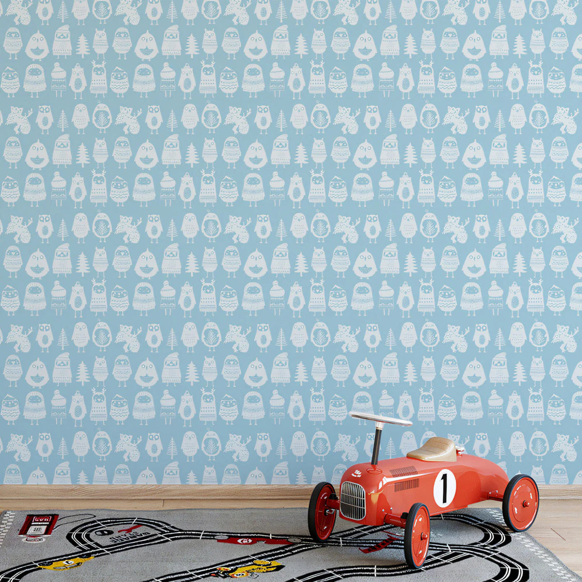 Nordic Woodland Animal Mural Wallpaper —Whimsical Soft Blue Mural Wallpaper - pure wallpaper artwork