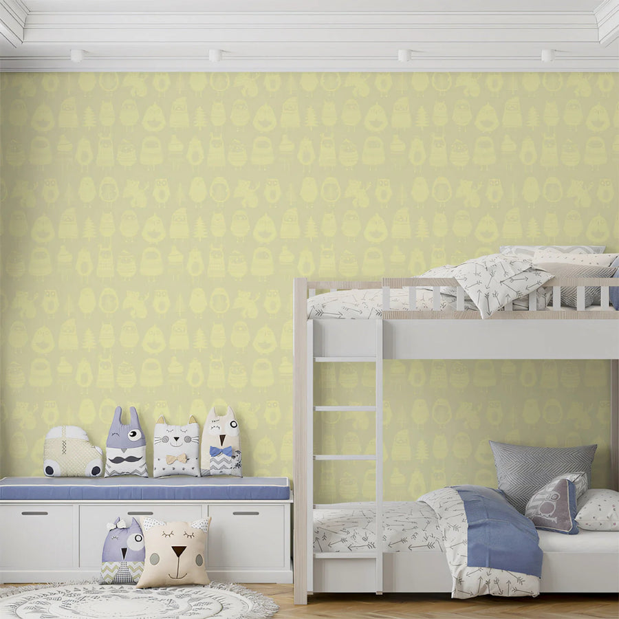 Forest Friends Animal Mural Wallpaper — Soft Pale Yellow Sketch Mural Wallpaper