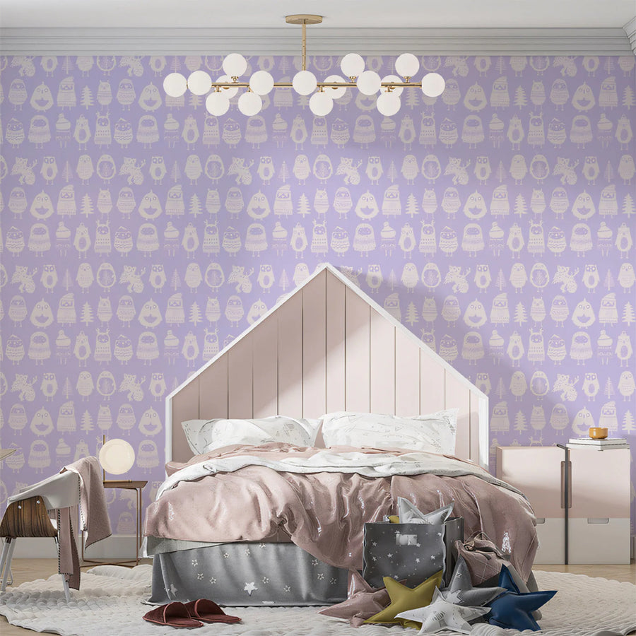 Forest Friends Mural Wallpaper —Whimsical Lavender and Cream Design Mural Wallpaper