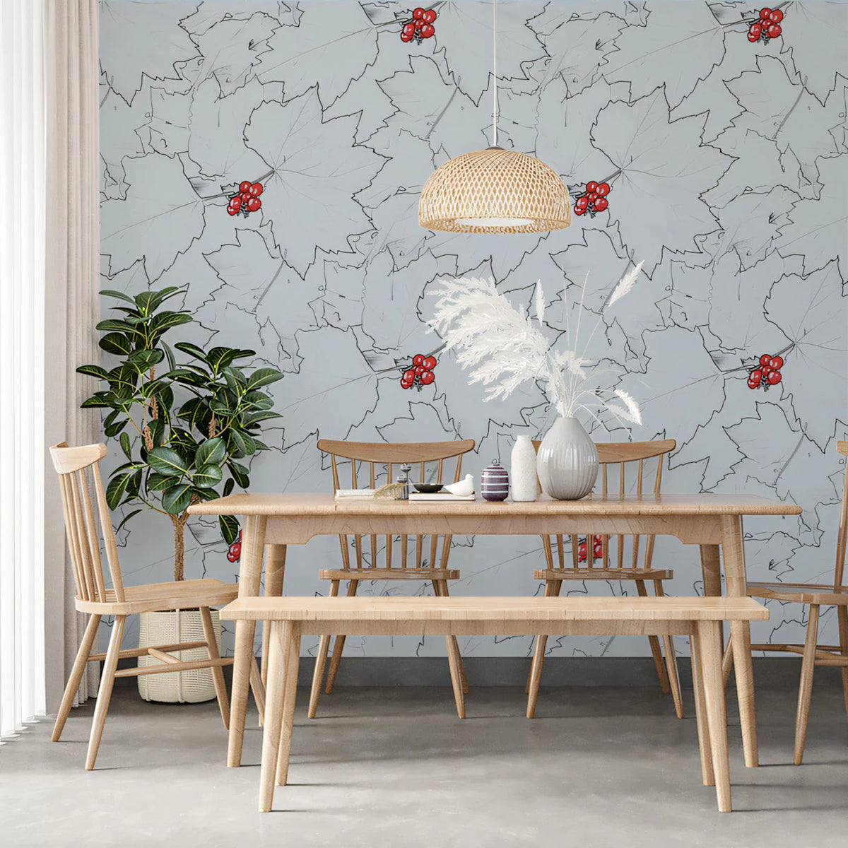 Botanical Berry Leaf Mural Wallpaper — Minimalist Line Art Design Mural Wallpaper - pure wallpaper artwork