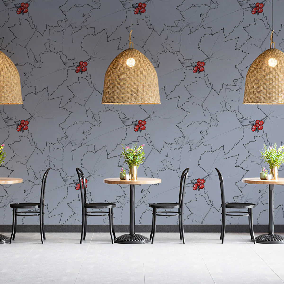 Botanical Berry Branch Mural Wallpaper — Soft Slate Blue Mural Wallpaper - pure wallpaper artwork