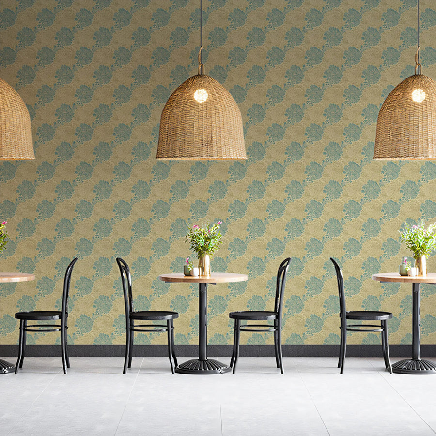Vintage Floral Medallion Mural Wallpaper — Heritage Olive and Blue Mural Wallpaper