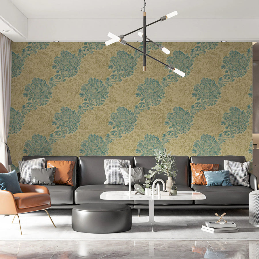 Vintage Floral Damask Mural Wallpaper —Soft Blue and Ochre Mural Wallpaper