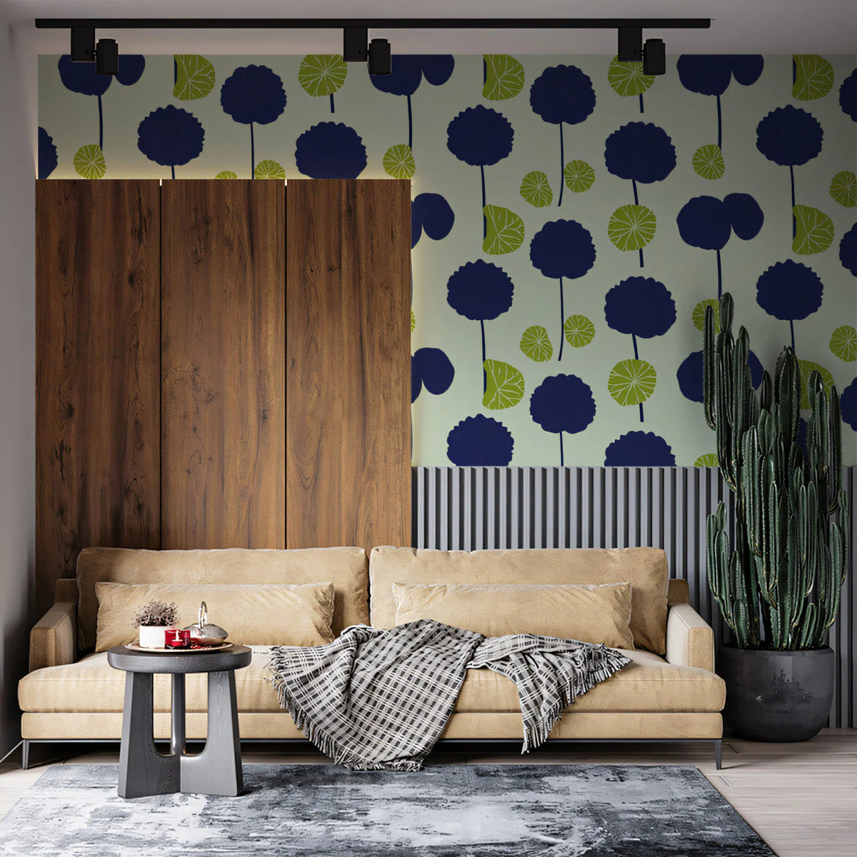 Abstract Navy and Chartreuse Floral Mural Wallpaper - pure wallpaper artwork