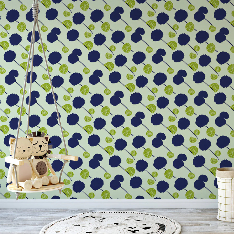 Abstract Floral Dandelion Mural Wallpaper — Modern Blue and Green Mural Wallpaper