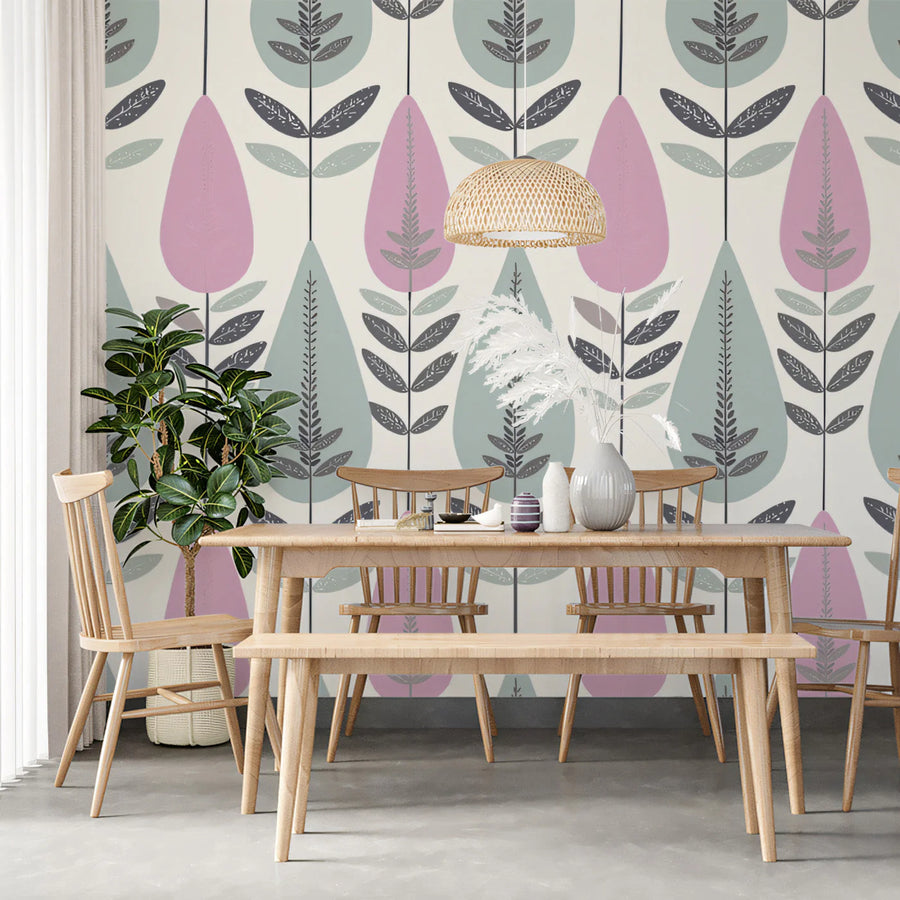 Stylized Botanical Leaf Mural Wallpaper — Mid-Century Modern Mural Wallpaper