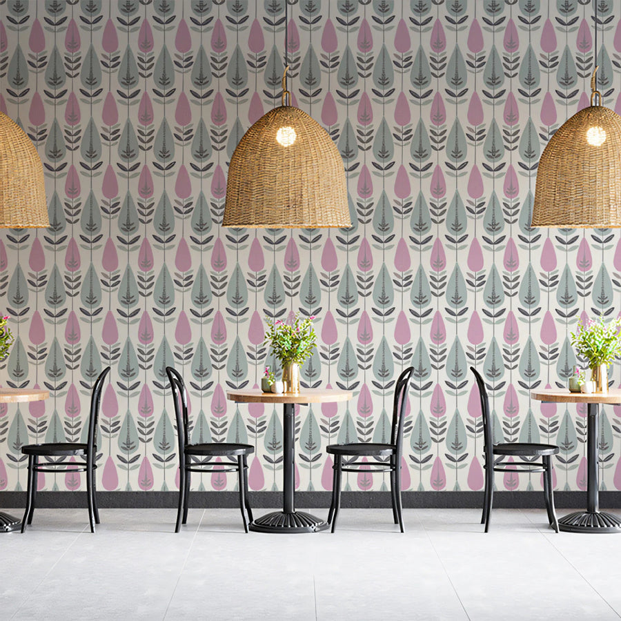 Stylized Botanical Leaf Mural Wallpaper — Soft Pastel Boho Pattern Mural Wallpaper