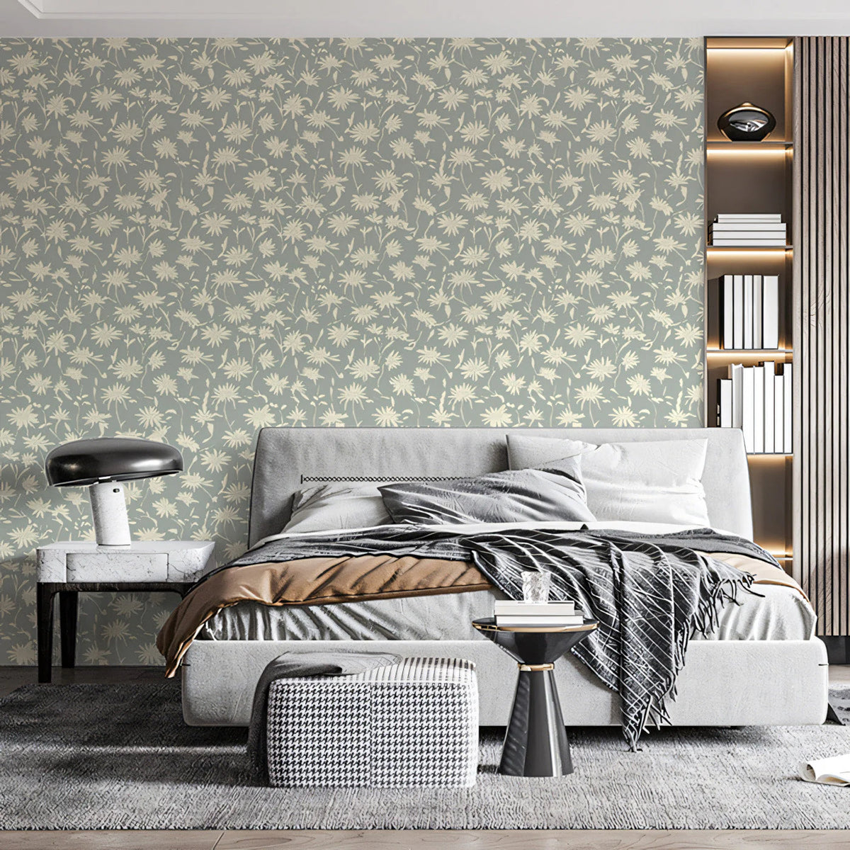 Dainty Meadow Daisy Mural Wallpaper — Soft Sage Green Mural Wallpaper - pure wallpaper artwork