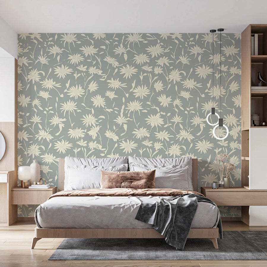 Sage Green Botanical Daisy Mural Wallpaper — Soft Floral Print Mural Wallpaper