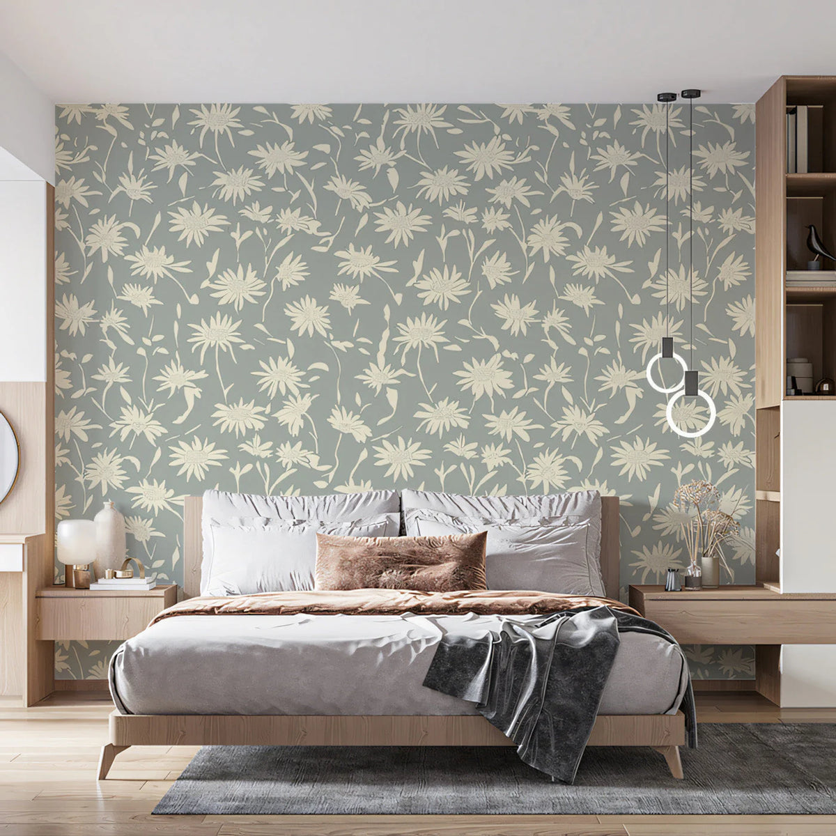 Sage Green Botanical Daisy Mural Wallpaper — Soft Floral Print Mural Wallpaper - pure wallpaper artwork