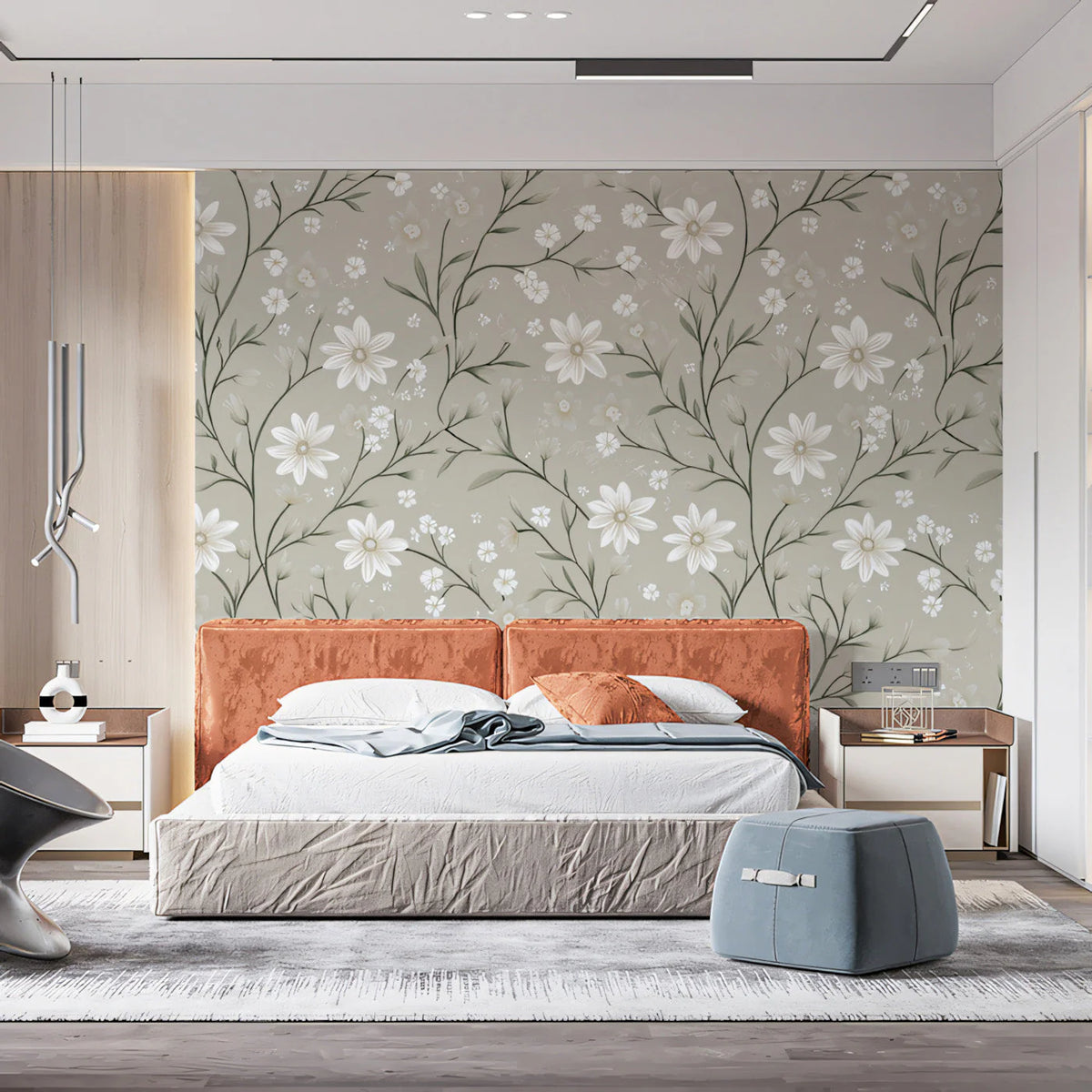 Delicate Sage Floral Trail Mural Wallpaper — Soft Botanical Design Mural Wallpaper - pure wallpaper artwork