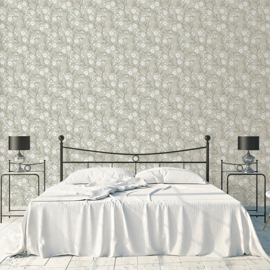 Dainty Sage Floral Mural Wallpaper — Soft Botanical Pattern Mural Wallpaper