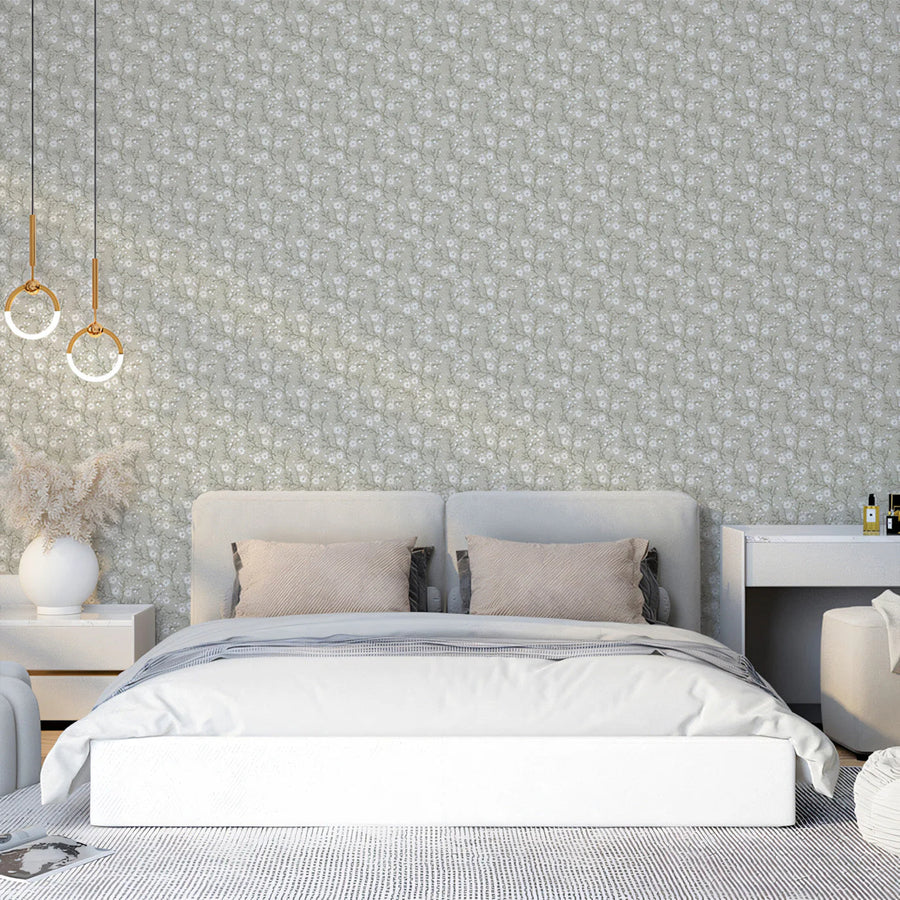 Dainty Sage Floral Trail Mural Wallpaper — Traditional Botanical Mural Wallpaper