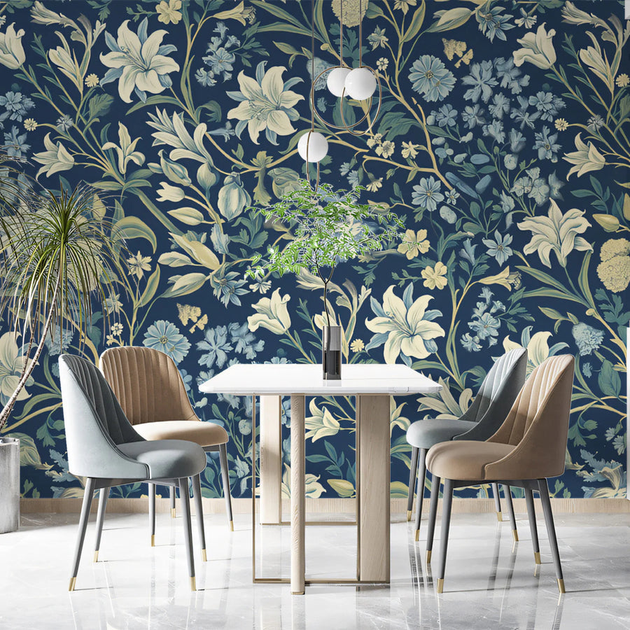 Midnight Botanical Floral Mural Wallpaper — Traditional Art Style Mural Wallpaper