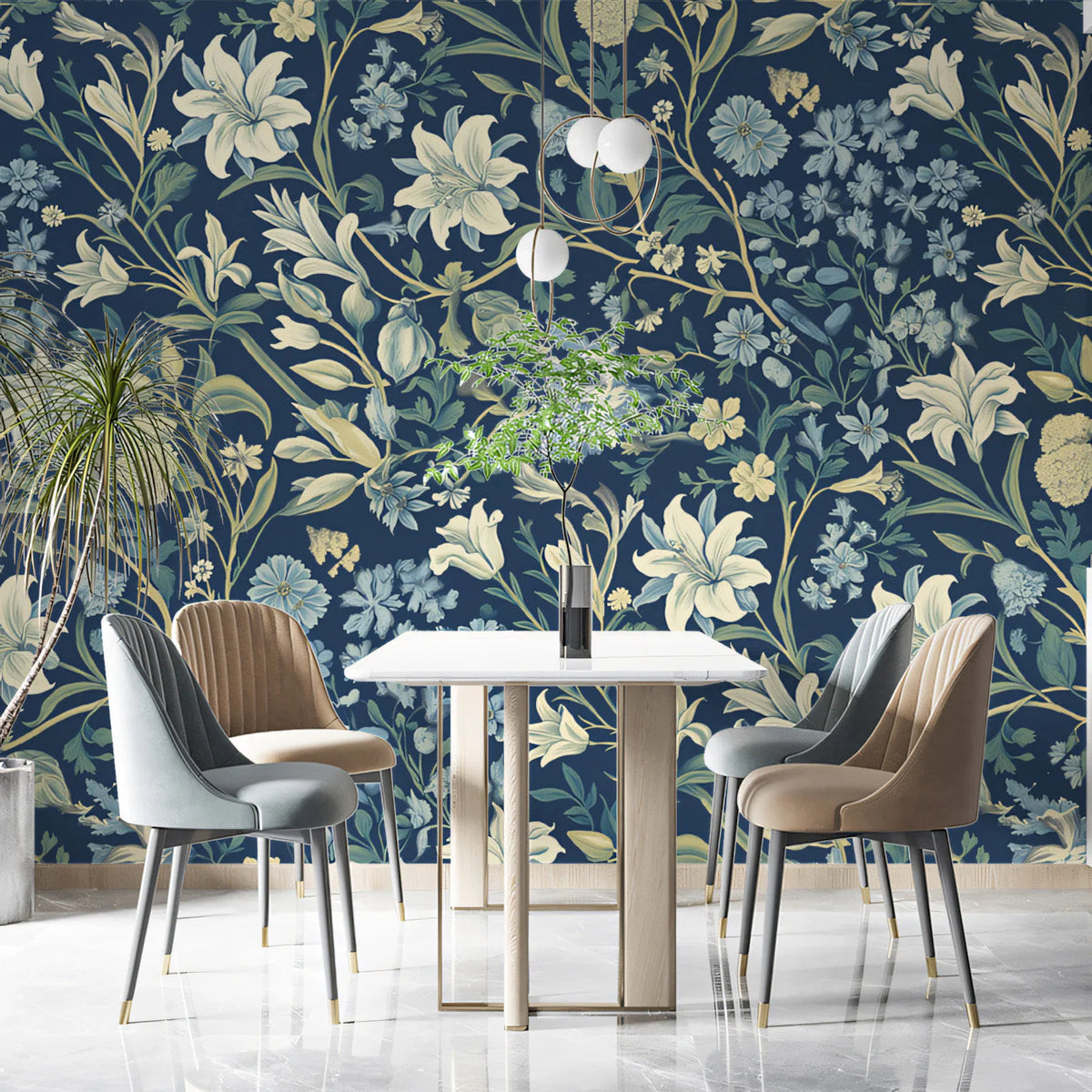 Midnight Botanical Floral Mural Wallpaper — Traditional Art Style Mural Wallpaper - pure wallpaper artwork