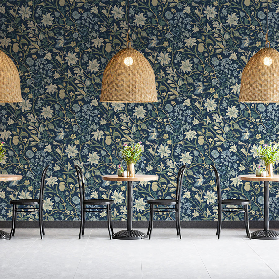 Midnight Meadow Floral Mural Wallpaper — Botanical Art Mural Wallpaper