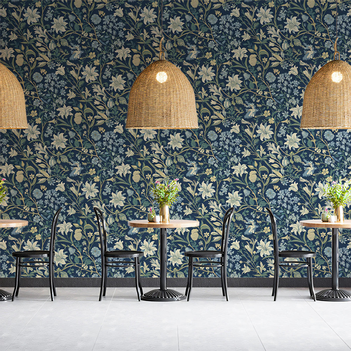 Midnight Meadow Floral Mural Wallpaper — Botanical Art Mural Wallpaper - pure wallpaper artwork