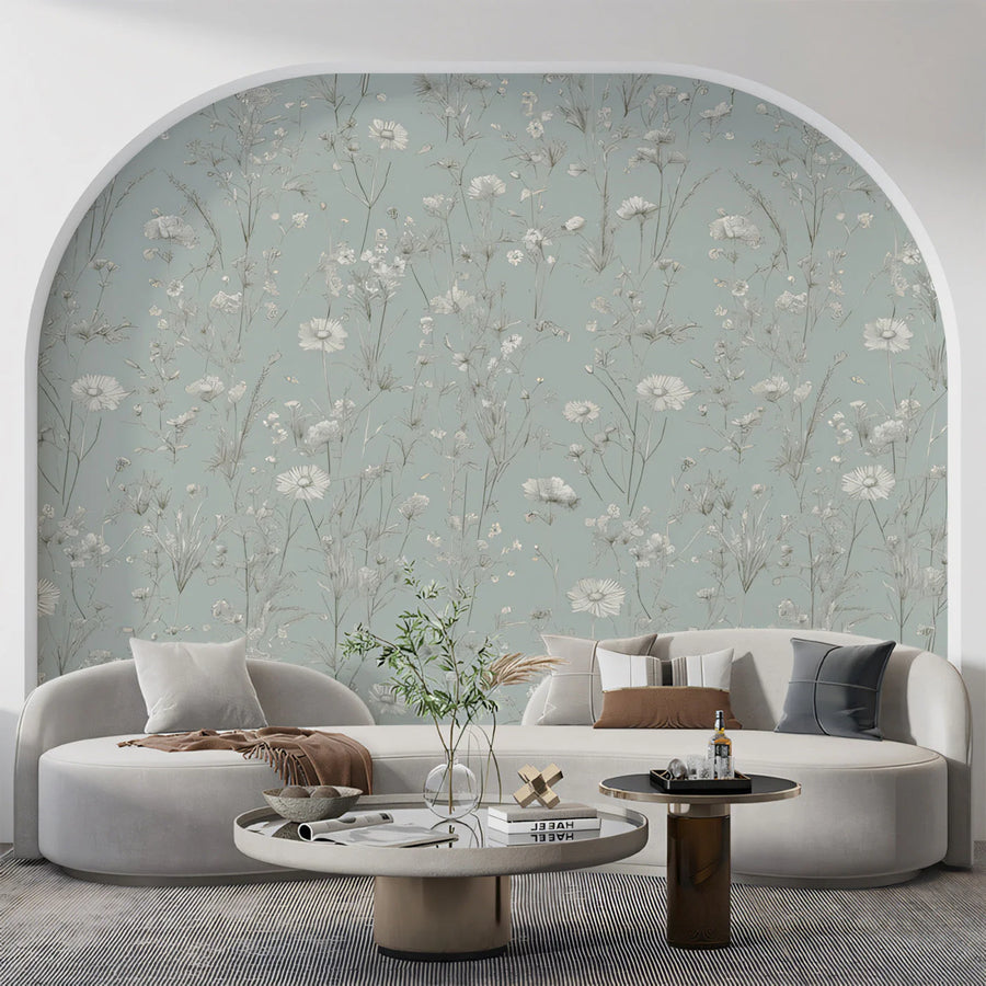 Meadow Wildflower Mural Wallpaper — Soft Blue Botanical Mural Wallpaper