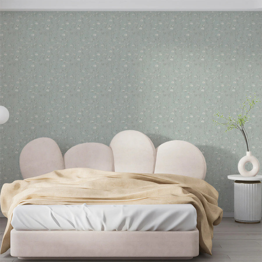 Dainty Meadow Floral Mural Wallpaper — Soft Blue Botanical Mural Wallpaper
