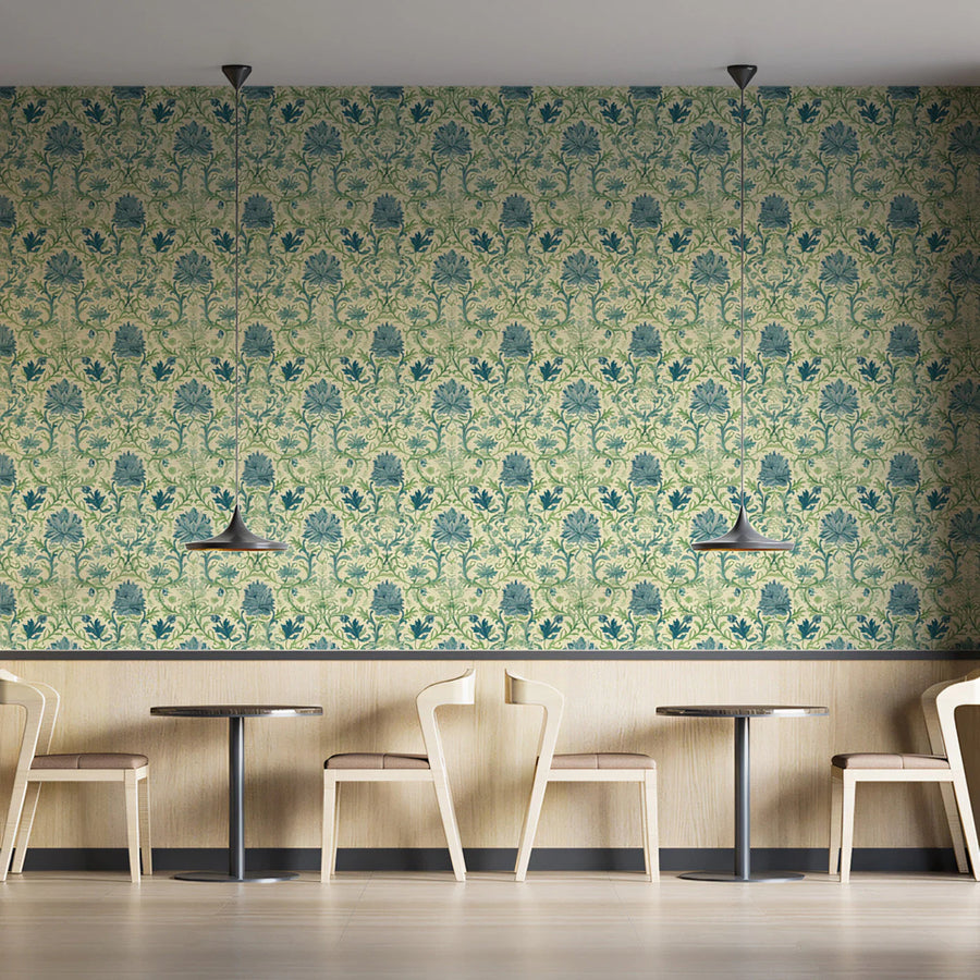 Vintage Damask Floral Mural Wallpaper — Soft Blue and Sage Green Mural Wallpaper