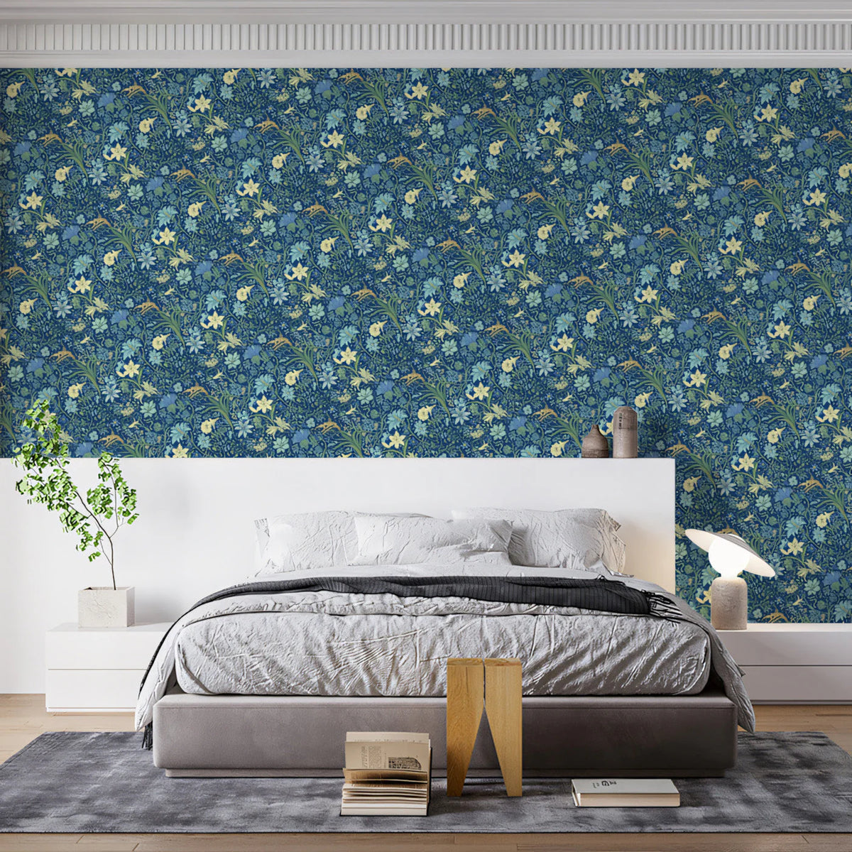Midnight Meadow Floral Mural Wallpaper in Rich Blue and Cream Mural Wallpaper - pure wallpaper artwork