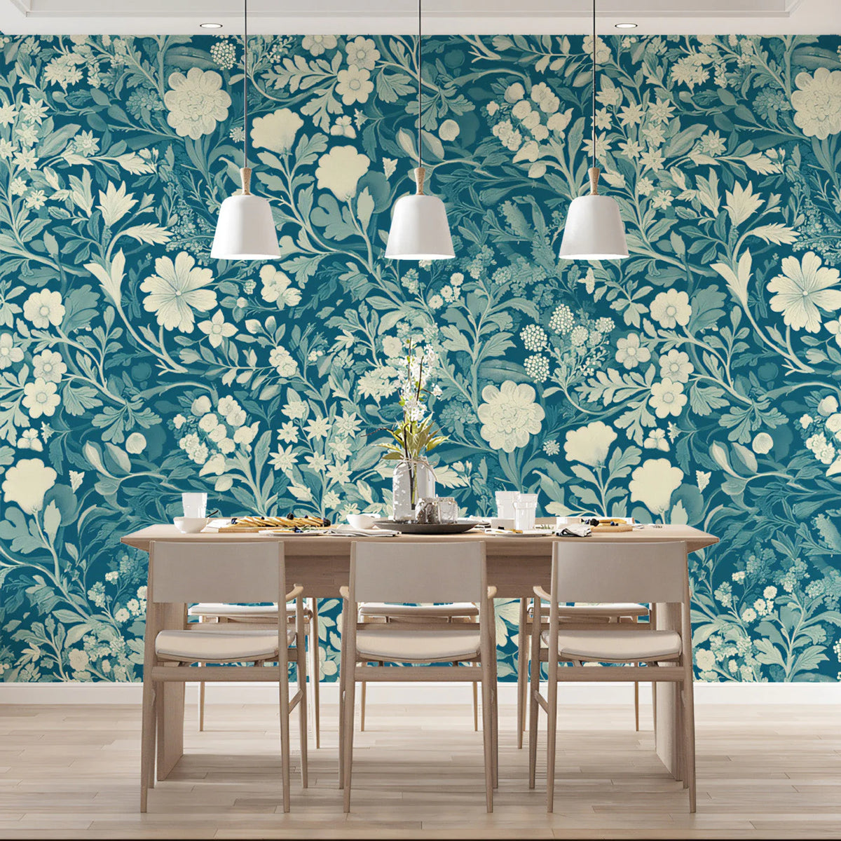 Dense Botanical Mural Wallpaper in Deep Teal and Ivory Mural Wallpaper - pure wallpaper artwork