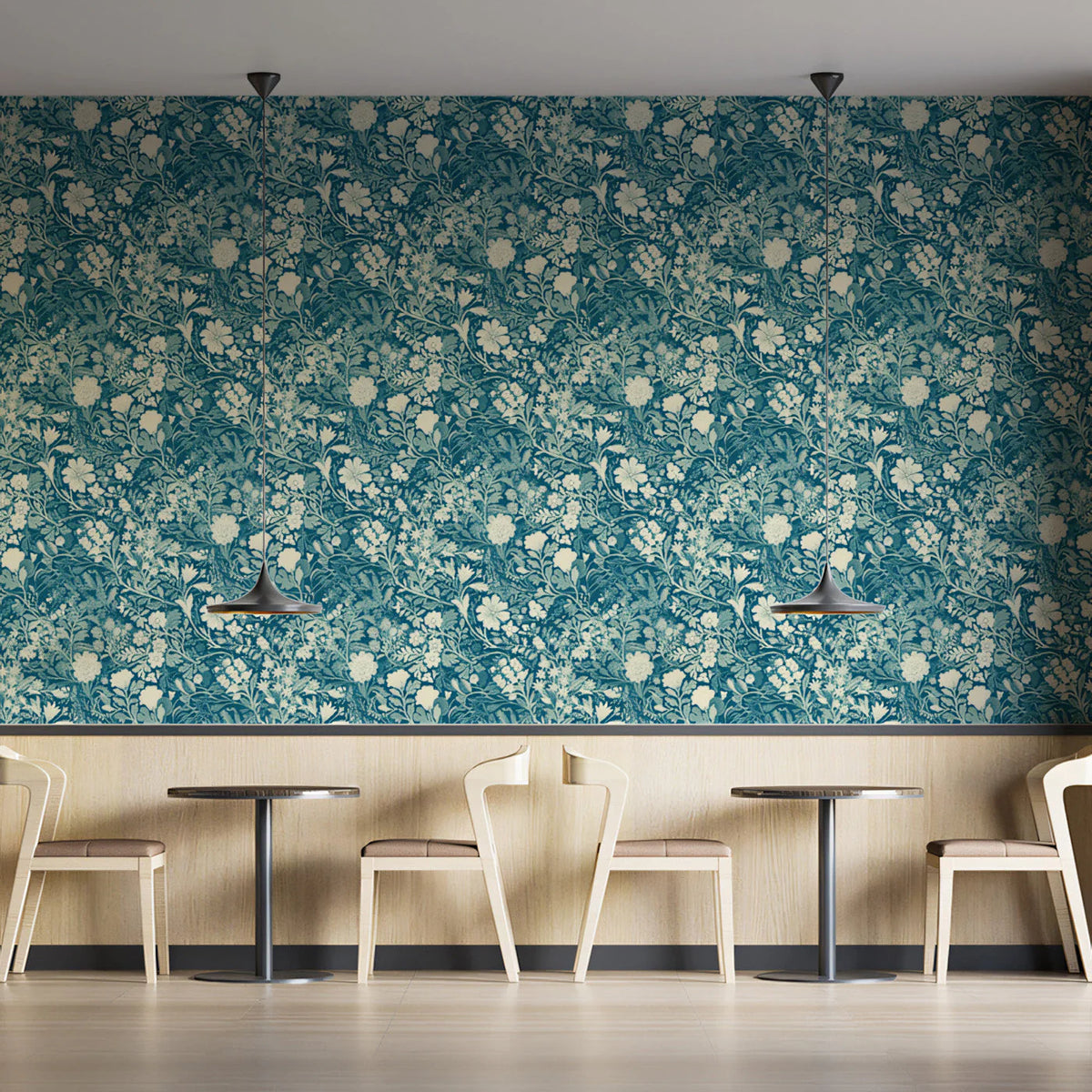 Dense Botanical Floral Mural Wallpaper in Teal and Ivory Mural Wallpaper - pure wallpaper artwork