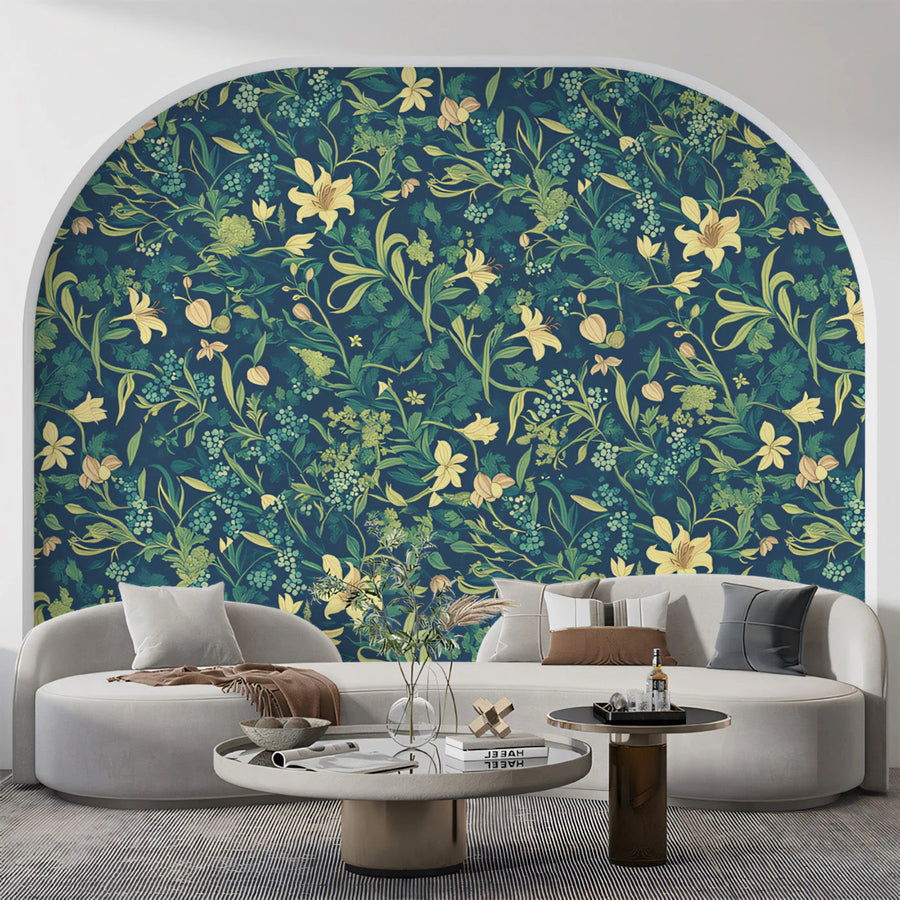 Vintage Botanical Floral Mural Wallpaper in Teal and Ochre Mural Wallpaper