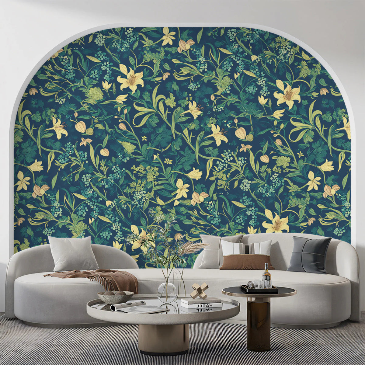 Vintage Botanical Floral Mural Wallpaper in Teal and Ochre Mural Wallpaper - pure wallpaper artwork