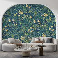 Vintage Botanical Floral Mural Wallpaper in Teal and Ochre Mural Wallpaper - pure wallpaper artwork