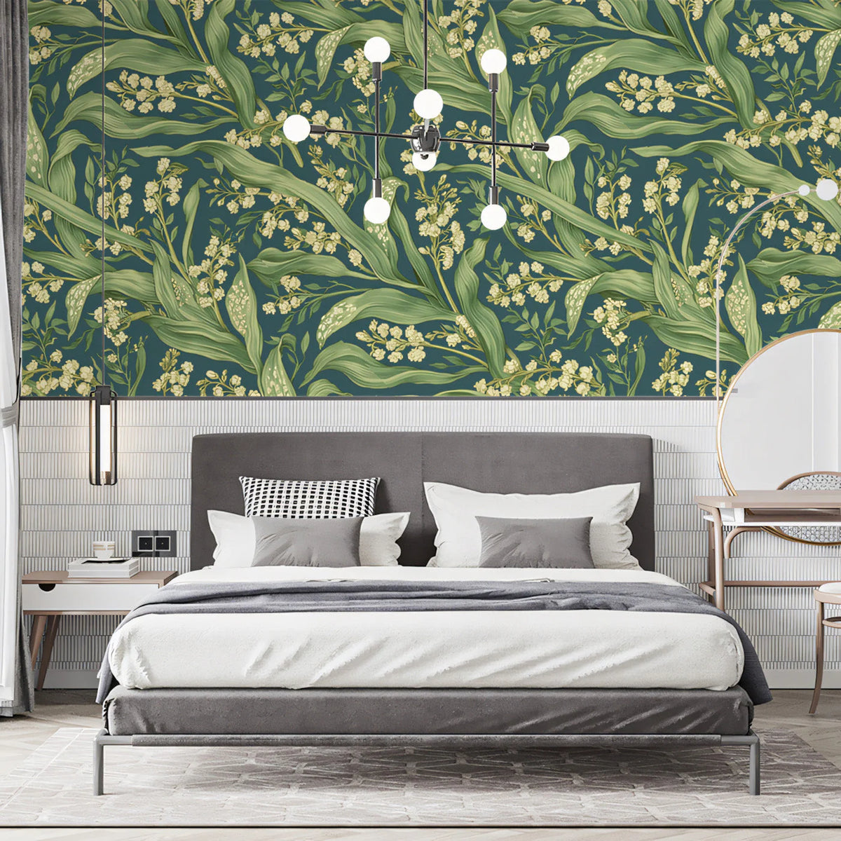 Vintage Botanical Mural Wallpaper — Deep Teal and Sage Green Leaf Mural Wallpaper - pure wallpaper artwork