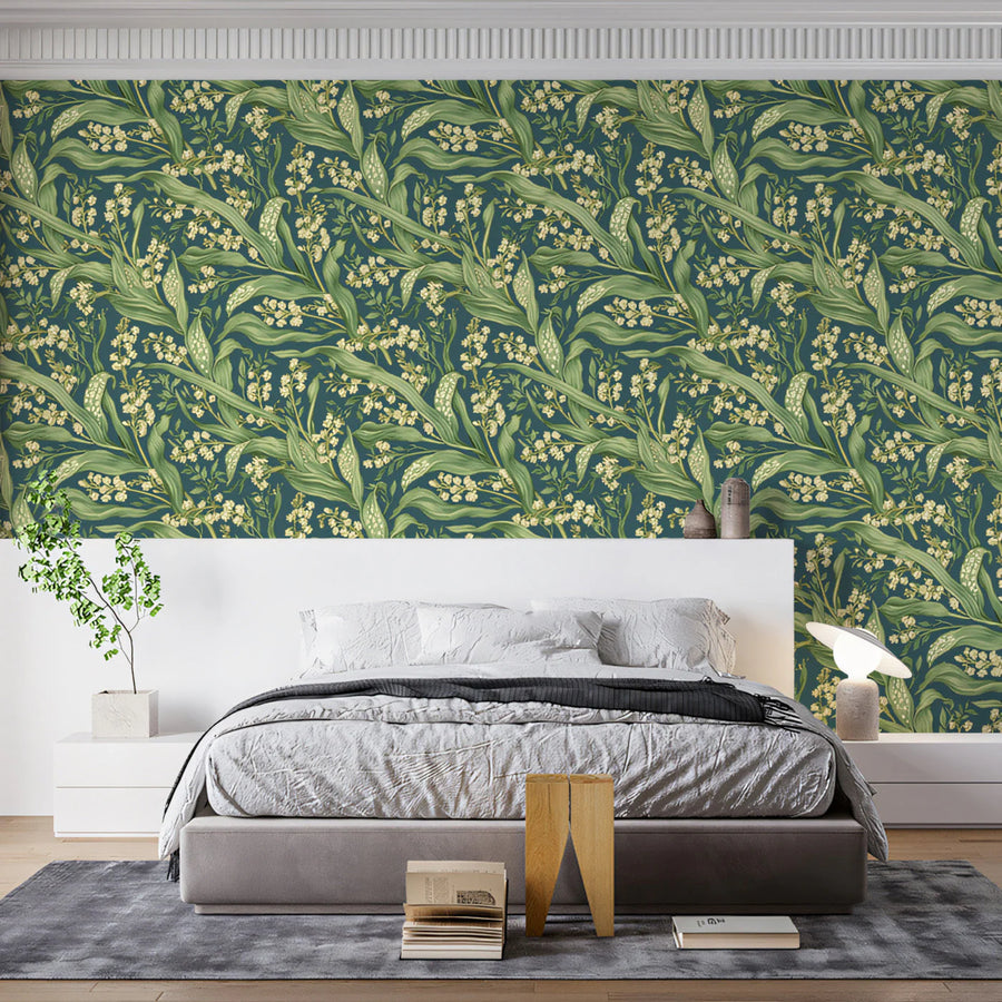 Vintage Botanical Lily of the Valley Mural Wallpaper — Deep Green Mural Wallpaper