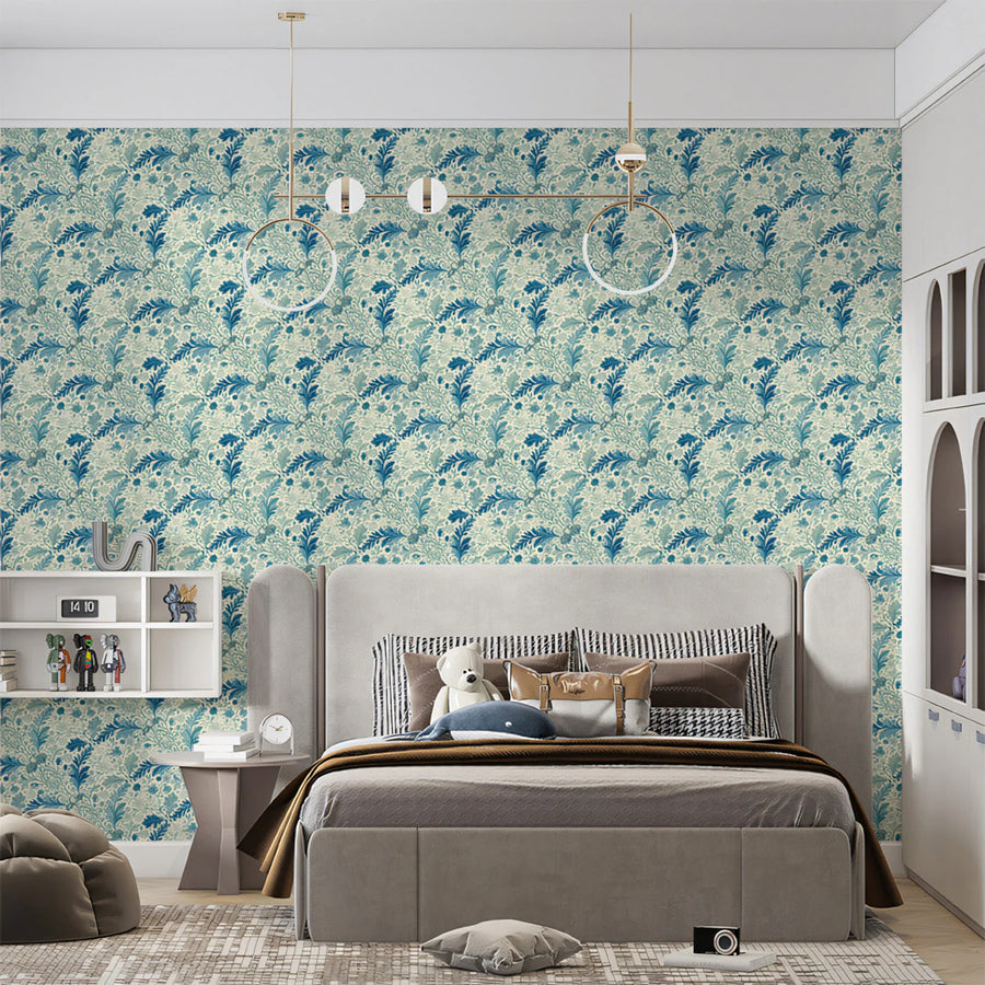Blue Leafy Foliage Mural Wallpaper — Classic Botanical Pattern Mural Wallpaper
