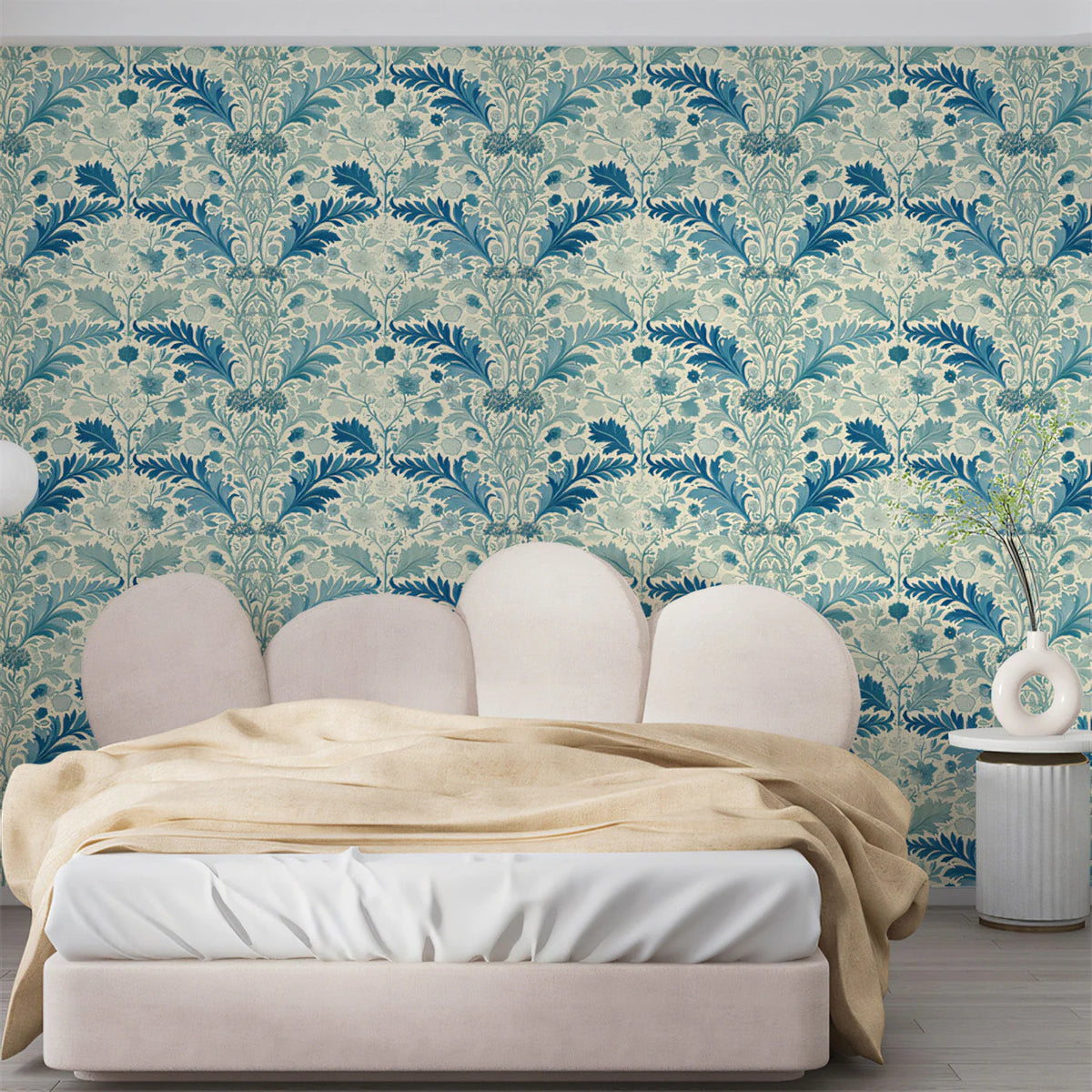 Blue Botanical Damask Mural Wallpaper — Heritage Floral Pattern Mural Wallpaper - pure wallpaper artwork