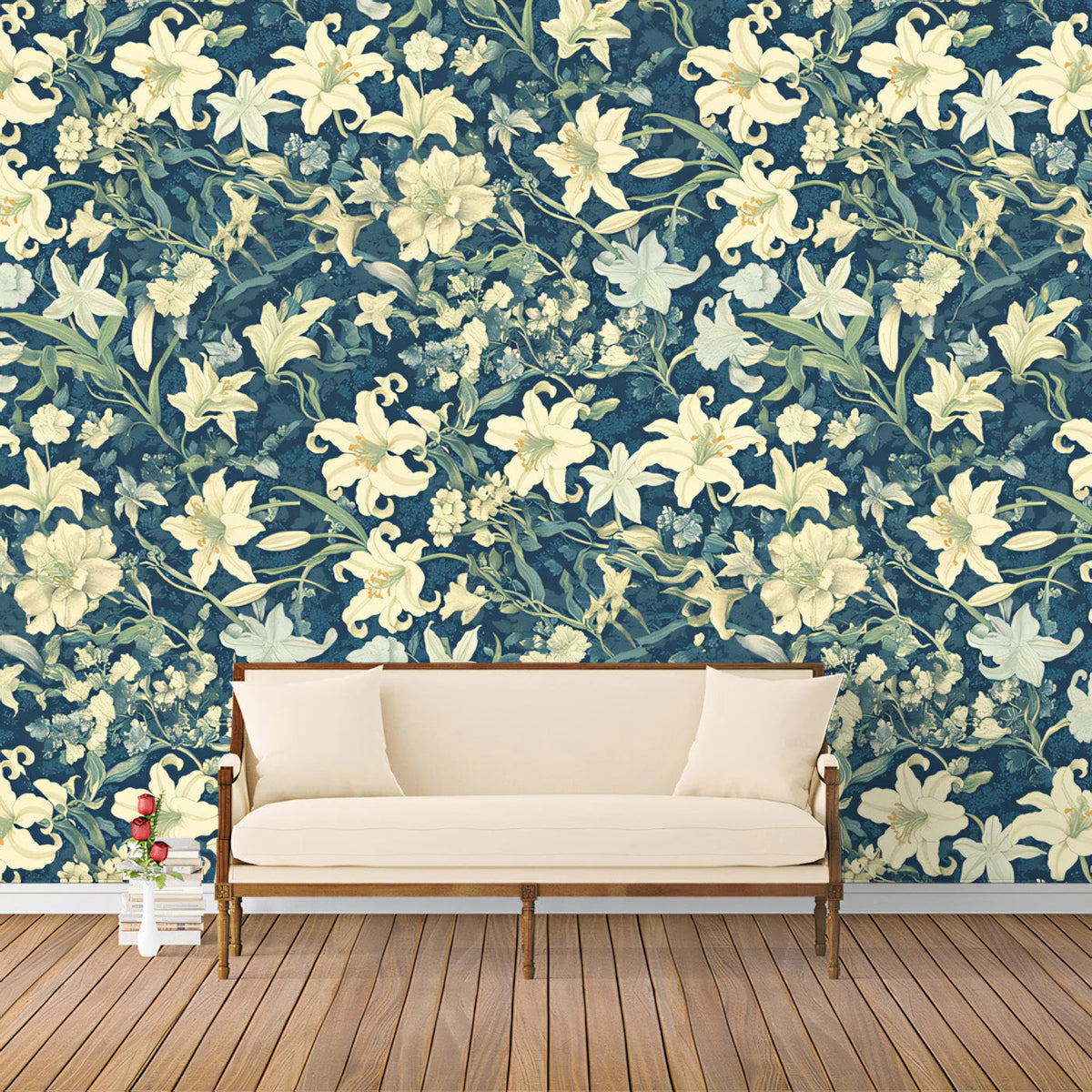Midnight Lily Botanical Mural Wallpaper — Deep Navy Floral Mural Wallpaper - pure wallpaper artwork