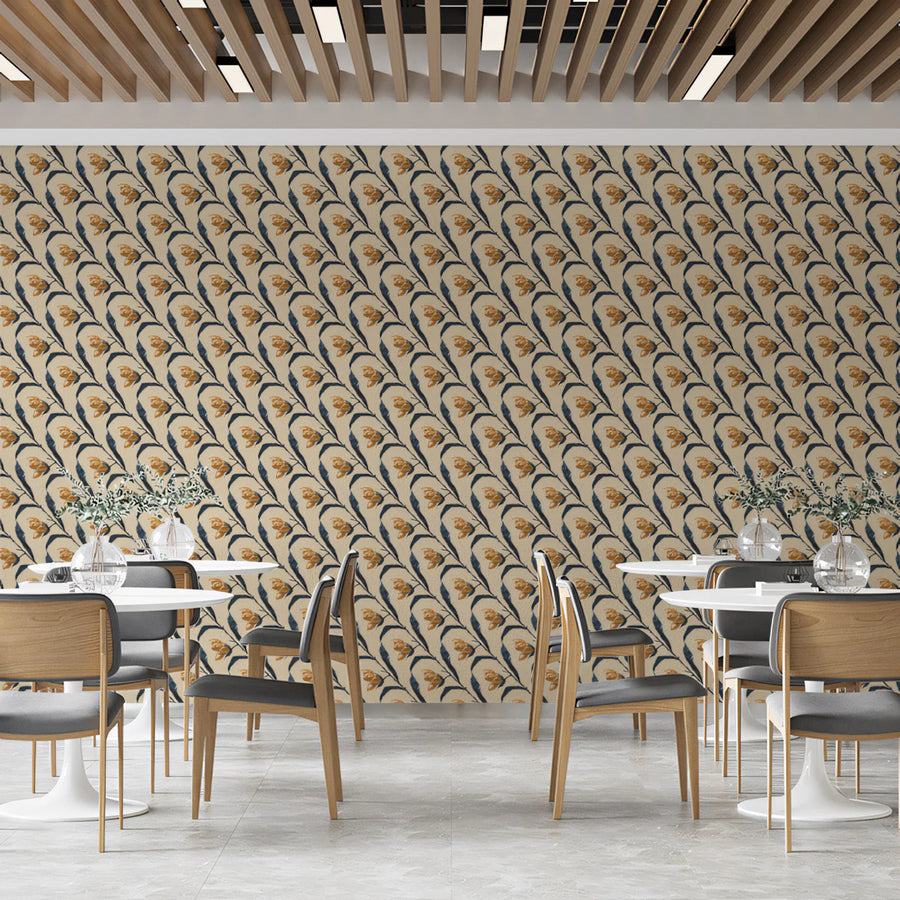 Vintage Botanical Floral Mural Wallpaper —Cream and Ochre Mural Wallpaper