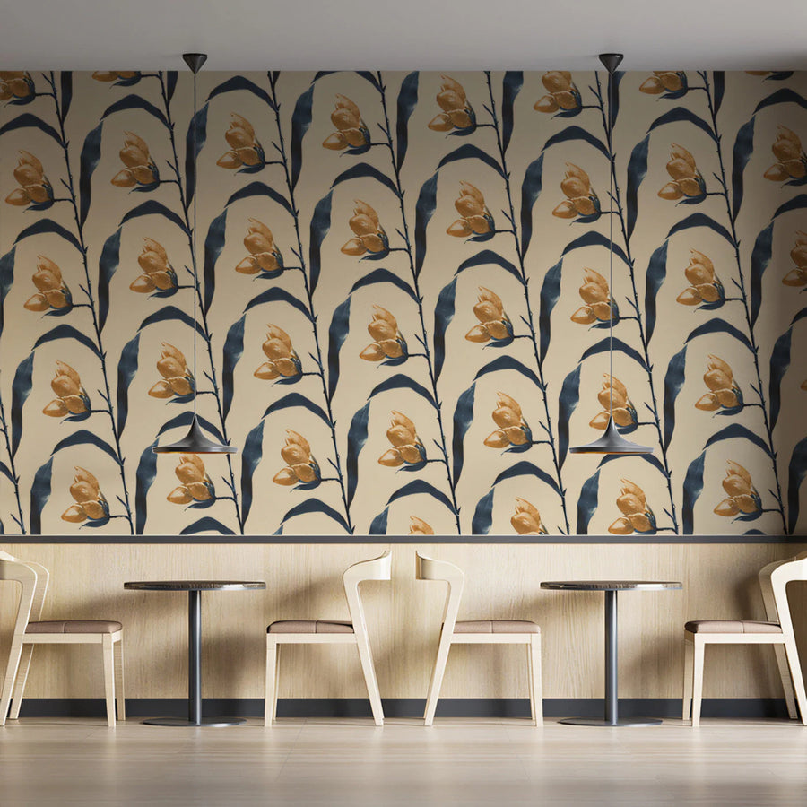 Vintage Floral Mural Wallpaper —Ochre and Charcoal Botanical Mural Wallpaper