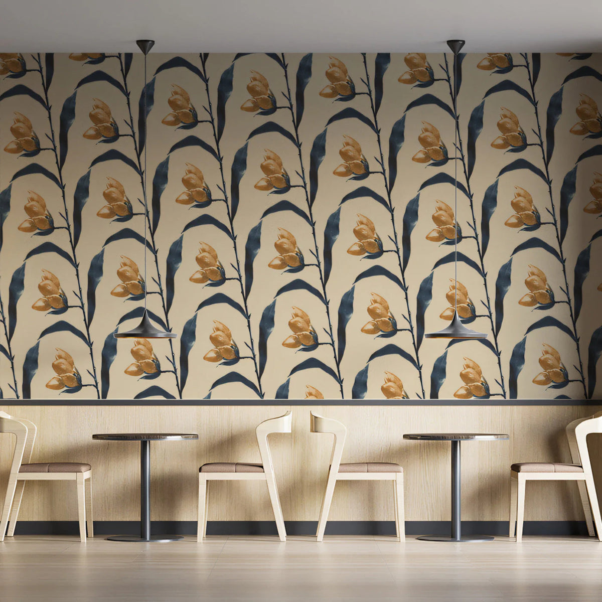 Vintage Floral Mural Wallpaper —Ochre and Charcoal Botanical Mural Wallpaper - pure wallpaper artwork