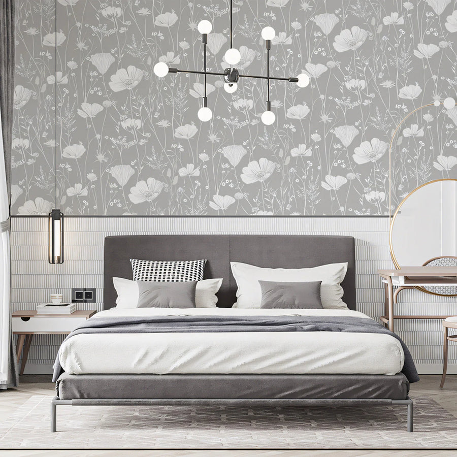 Minimalist Wildflower Meadow Mural Wallpaper in Soft Gray Mural Wallpaper