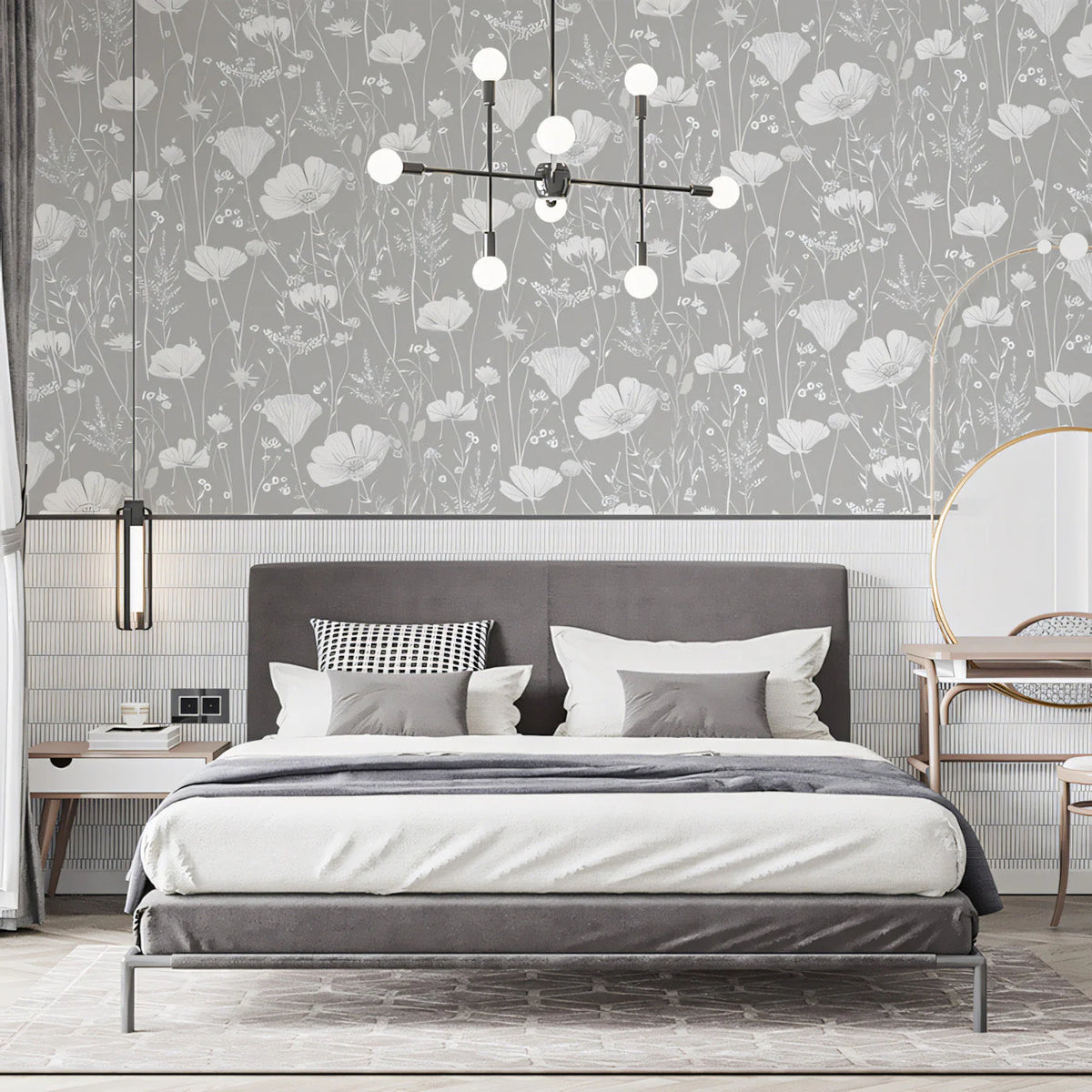 Minimalist Wildflower Meadow Mural Wallpaper in Soft Gray Mural Wallpaper - pure wallpaper artwork