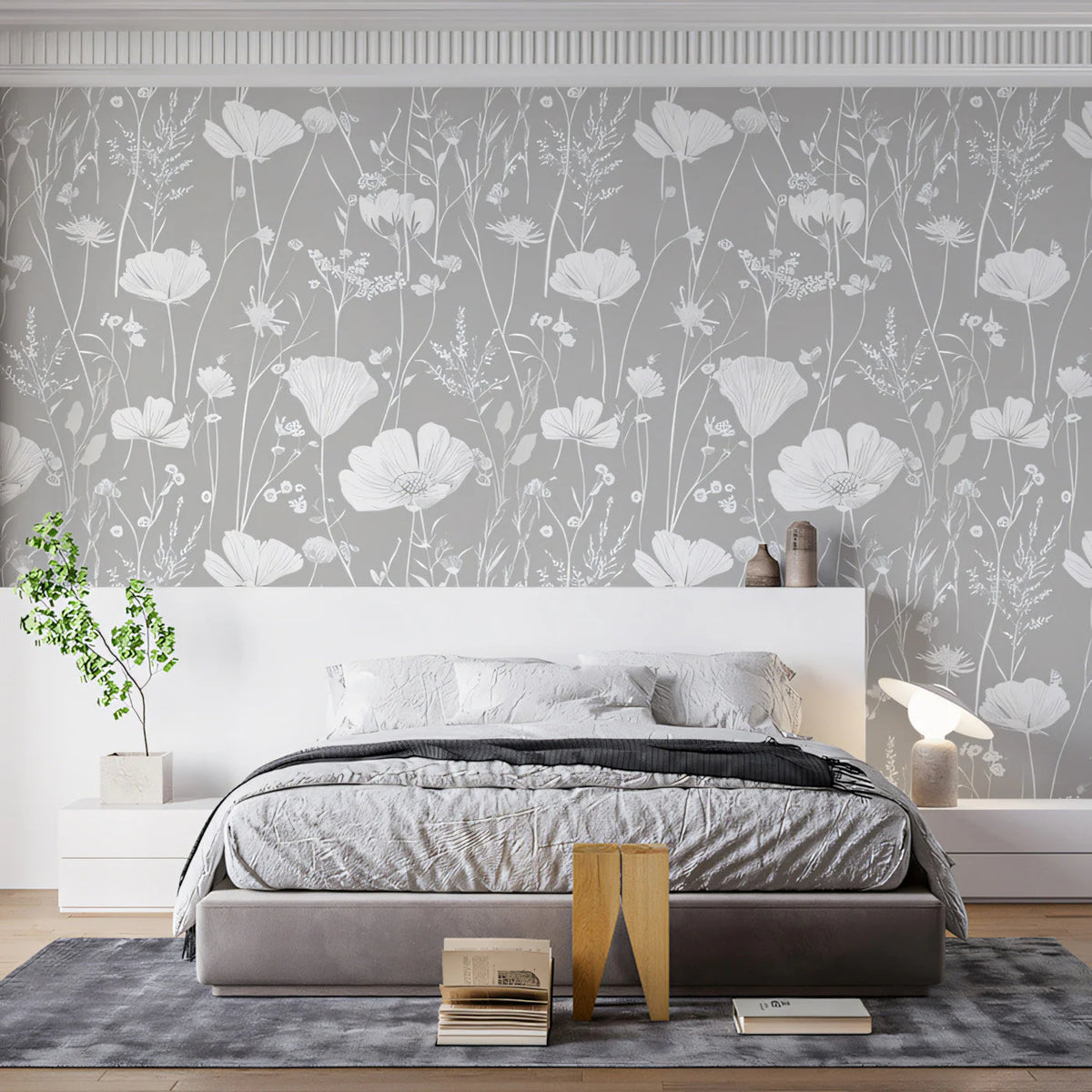 Minimalist Wildflower Meadow Mural Wallpaper — Soft Gray Botanical Mural Wallpaper - pure wallpaper artwork