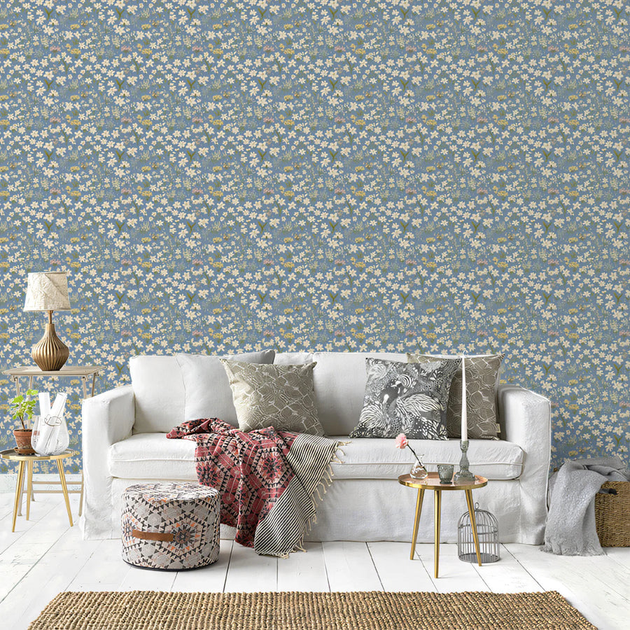 Light Blue & Yellow Ditsy - Floral Pattern Wallpaper for Living Rooms Mural Wallpaper
